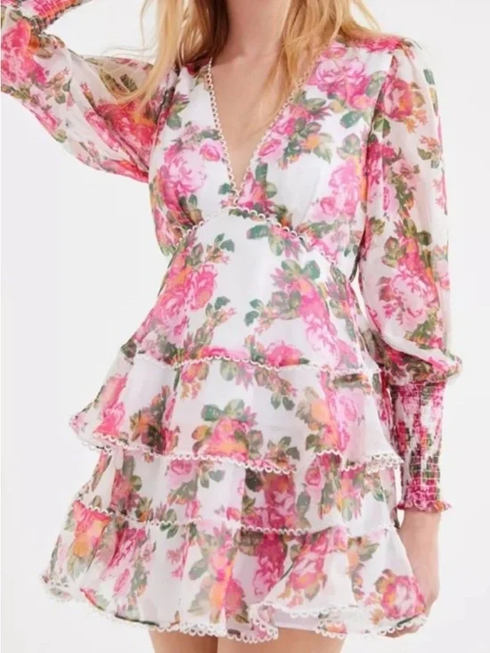 Keepsake Oblivion Tiered Mini Dress Size XS White Pink Floral - Picture 5 of 15